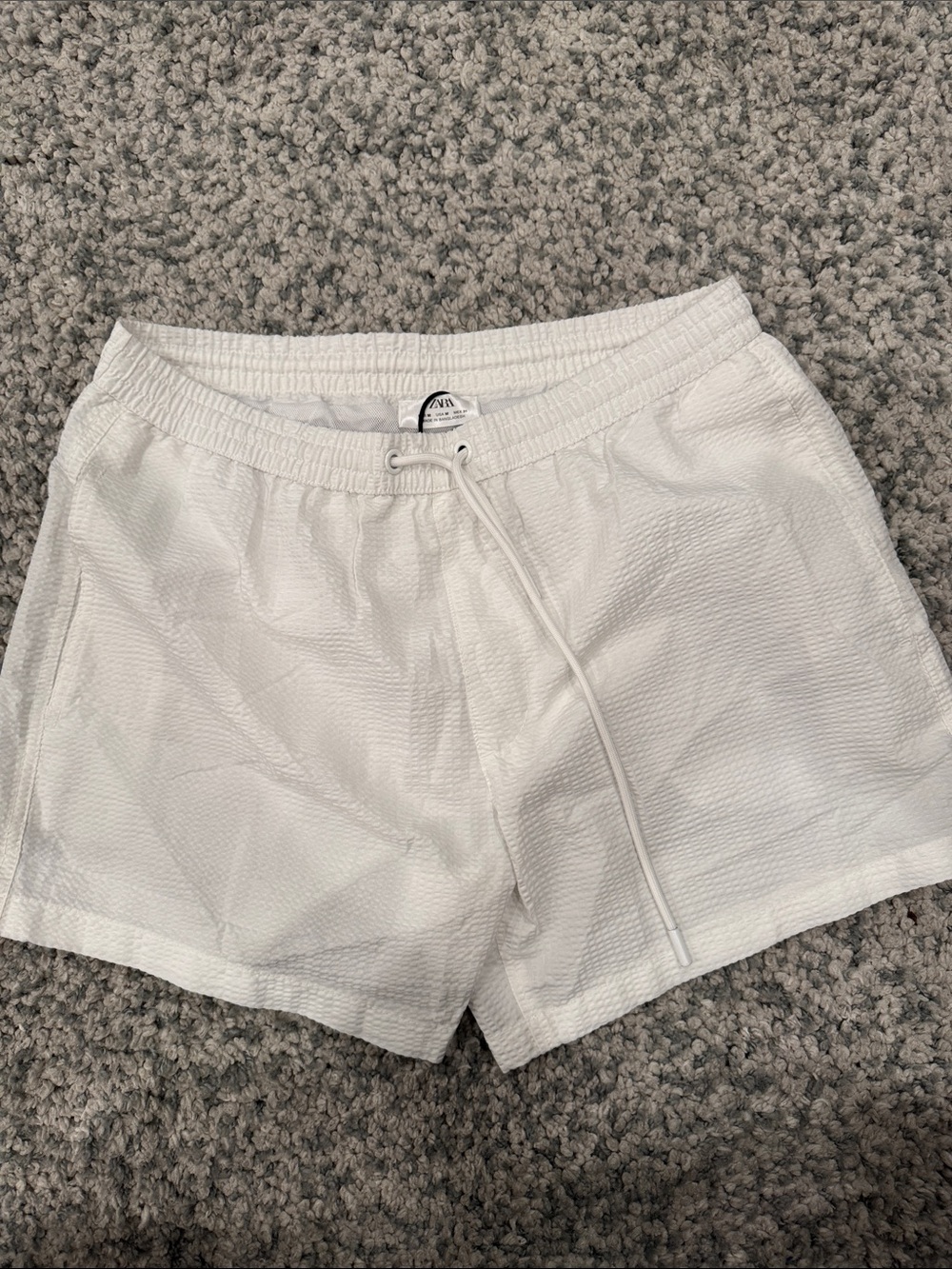 Zara White Textured Drawstring Athletic Shorts